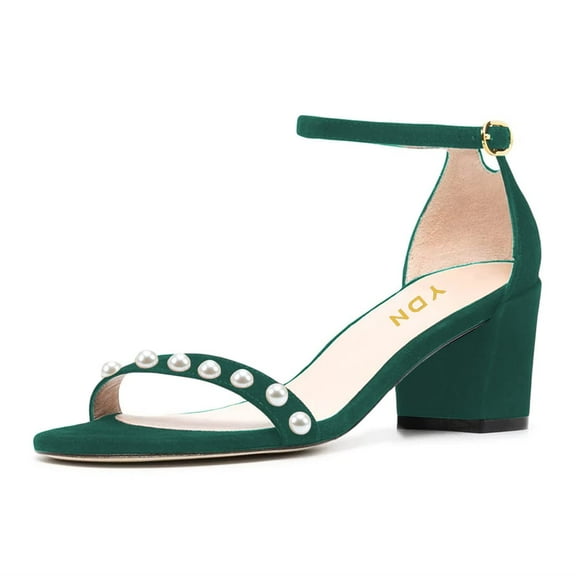 YDN Women Elegant Round Open Toe Pearl Studded Single Strap Sandals Ankle Buckle Strap Block Low Heels Dressy Shoes Size 7 Green