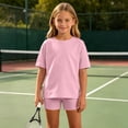 thumbnail image 3 of BXJX Girls Summer Outfit Sets, 2 Piece Short Sleeve Crew Neck T-Shirt and Shorts Set Pink Size 7-8 T, 3 of 7
