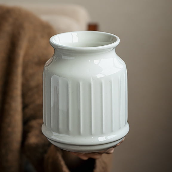 Ceramic Kitchen Utensil Holder, White Embossed Pattern, Farmhouse Style Counter Organizer Kitchen Utensil Holder