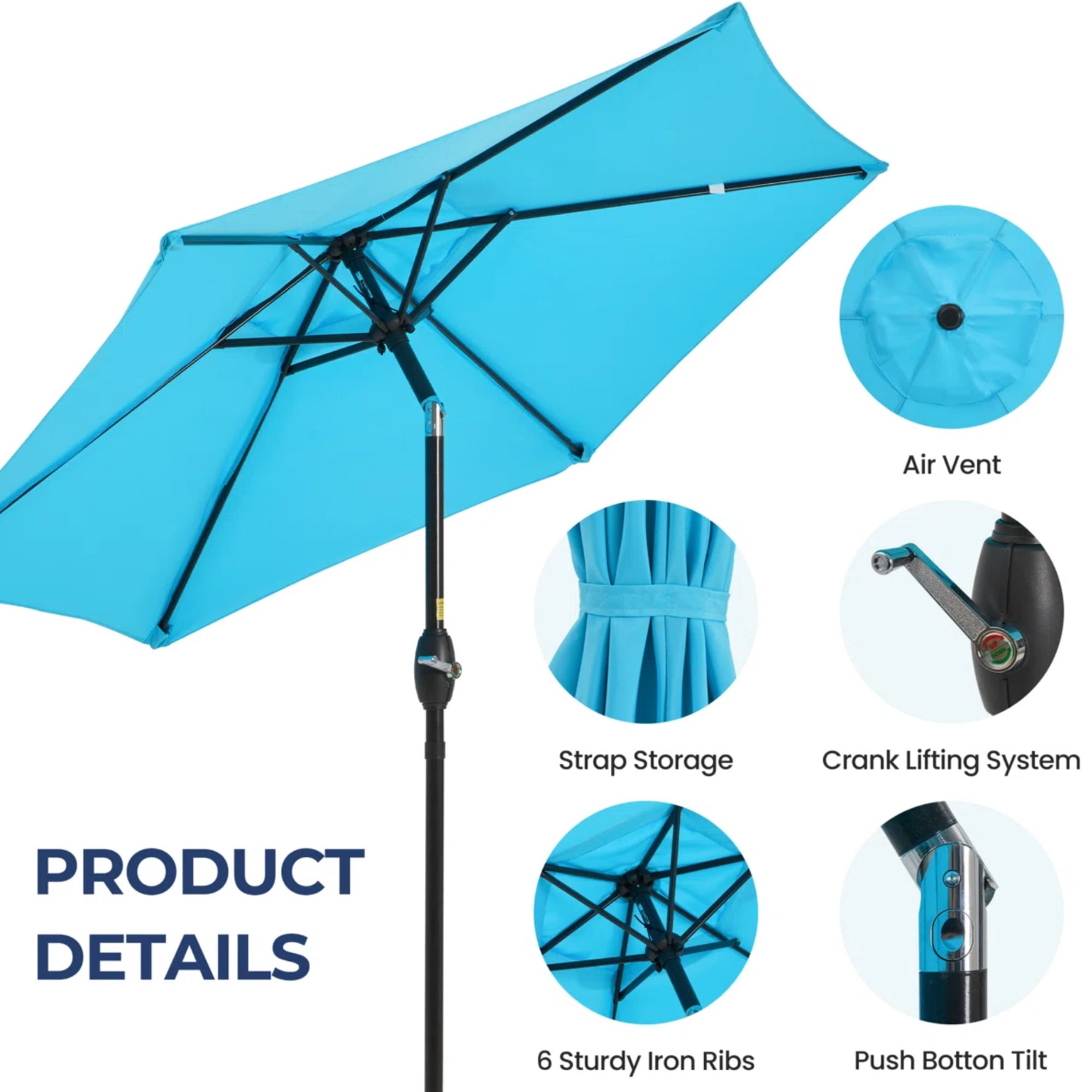 7.5 FT Blue Market Patio Umbrella with Crank Lift & Push‑Button Tilt, UV‑Resistant Waterproof Spun Polyester Canopy, Aluminum Pole Outdoor Shade for Backyard Pool Deck (Base Not Included)