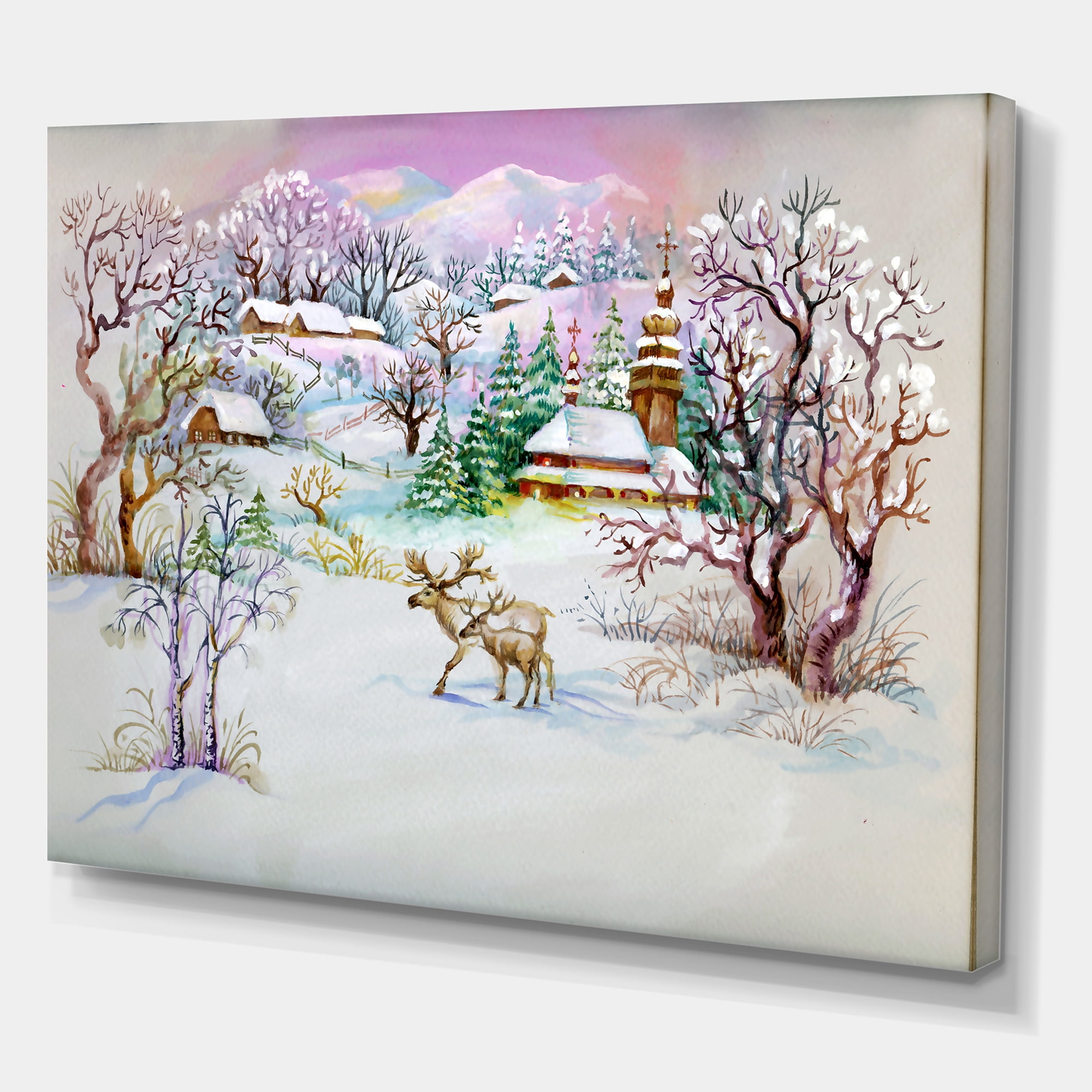 Designart ' Winter VIllage Life Landscape ' Traditional Canvas Wall Art Print