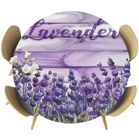 Lavender Farmhouse Round Tablecloth Fitted Table Cover with Elastic for 55 -60 Round Tables Purple Wooden Grain Table Cloth Outdoor Indoor Dinning Party Waterproof Tablecloths