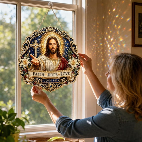 Jesus Diamond Art Hanging Ornament Kit,10 Inch DIY Christian Diamond Art Painting Window Hanging Decor,Religious Suncatcher Window Decor with Sparkling Rhinestone,Faith Gift for Baptism Craft Lovers