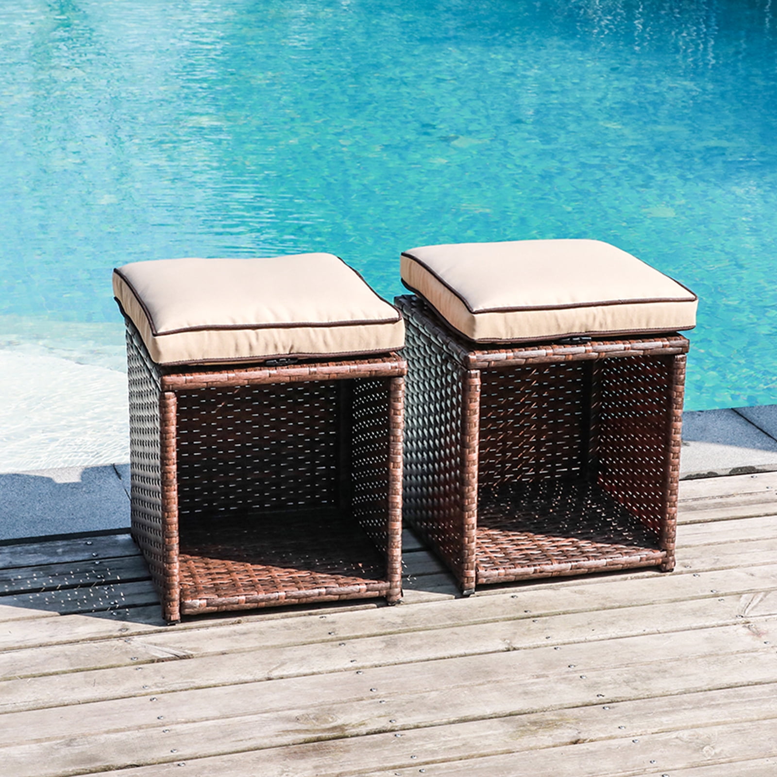 2 Piece Outdoor Patio Ottoman, All Weather Rattan Wicker Footstools