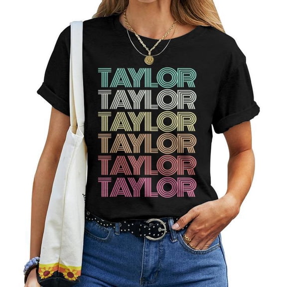 Retro Groovy Personalized First Name Taylor Graphic Cotton Tee Women Adult Casual Family Name Comfortable T-Shirt for Everyday Wear, Size M, Color Black
