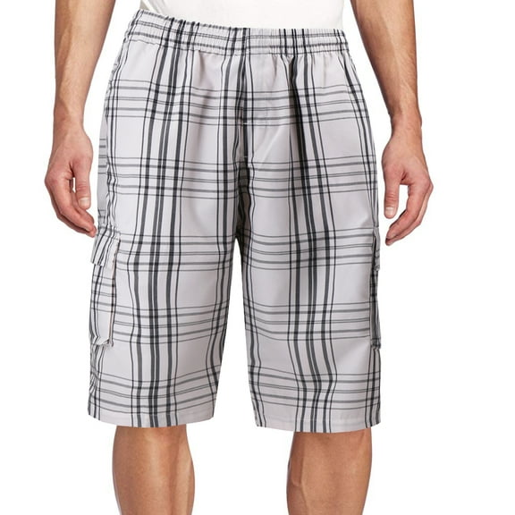 Men's Plaid Checkered Multi Pocket Elastic Waist Lightweight Casual Cargo Shorts (13 White/Black, 2XL)