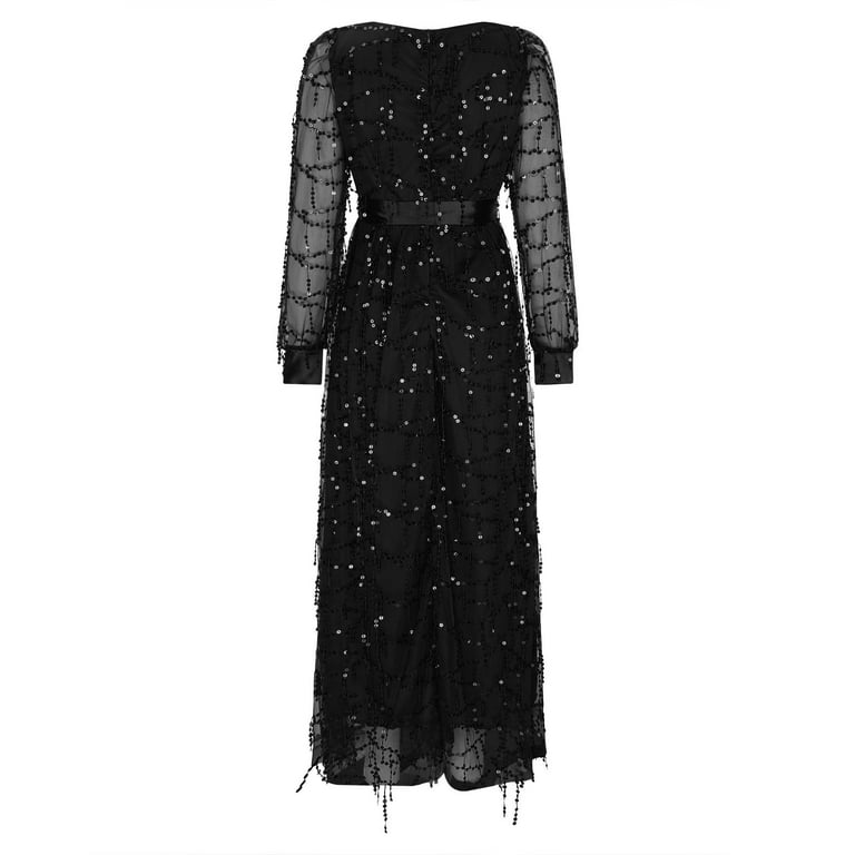 BLTIBY Womens Sequin Prom Dresses Deep V Neck Glitter Long Sleeve Evening  Party Gowns with Slit Fashion Elegant Long Maxi Dress with Belt Black XL -  Walmart.com