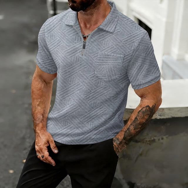 Blusa y camisa de manga corta con cuello vuelto para hombre, moda de color liso, manga corta, botones, media cremallera, jersey para hombre, top de poliéster