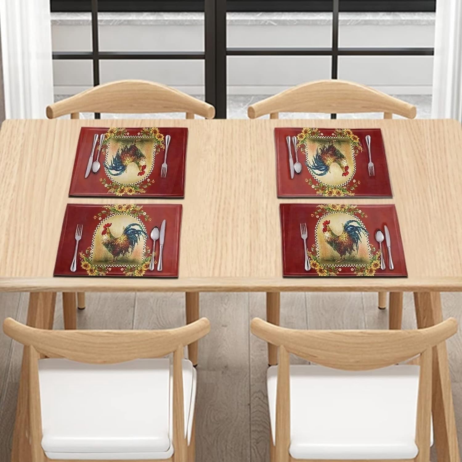 Placemat linen Weave Table Mats Set of 4, Durable Scratch Resistant Waterproof Dining Table Place Mats for Kids Heat Stain Resistant Placemats, Chicken Sunflower Red