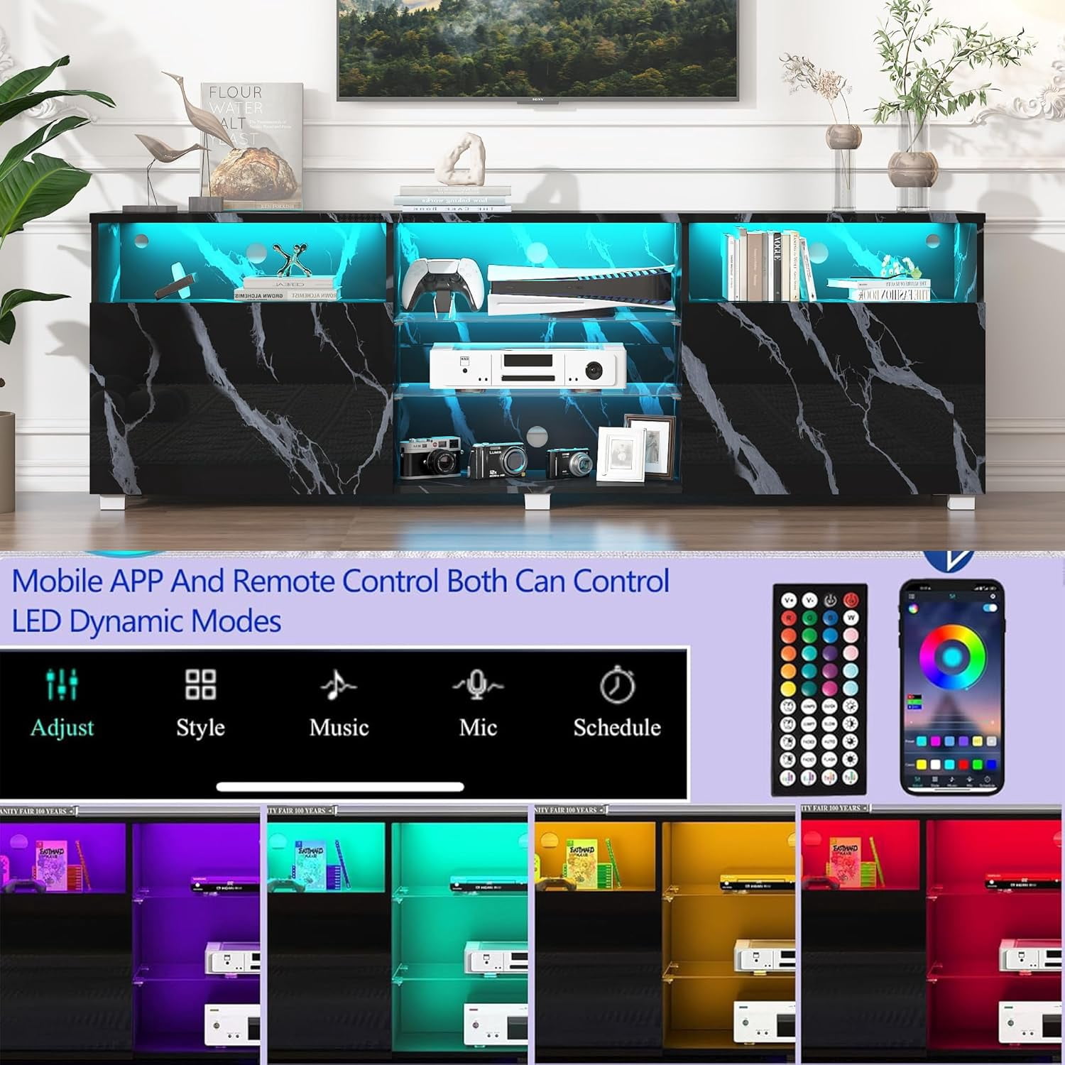 ChVans LED TV Stand for up to 80" TVs, 70" Large Entertainment Center Console Table Gaming Soundbar Shelf with 2 Storage Cabinets