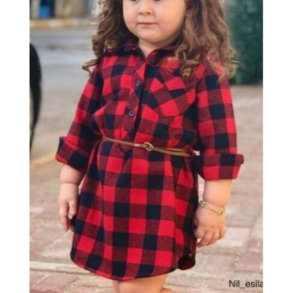 nvzhuang Toddler Baby Girl Clothes Outfit Long Sleeve Black Red Plaid T-Shirt Blouse Dress   Twist Belt