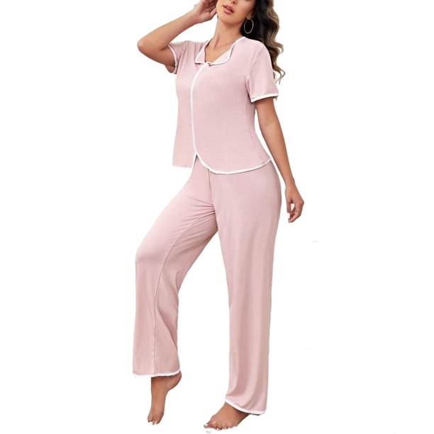 2pcs Set Casual PJ Pant Sets Short Sleeve Baby Pink Women's Pajama Sets