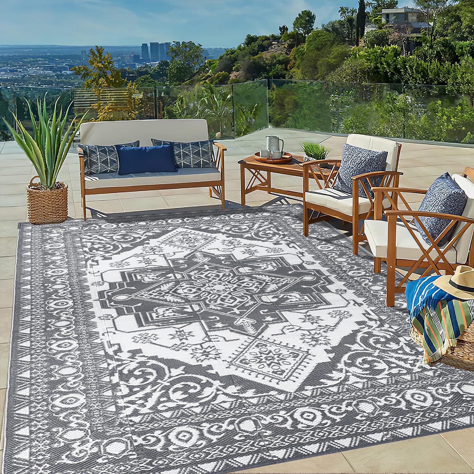 Foundry Select Sumiye Outdoor Rug for Patio Clearance, Waterproof Mat, Reversible Plastic Camping Rugs,Black & Gray & Reviews