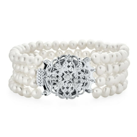 Bling Jewelry Womens Antique Multi Strand Bracelet White Pearl Choker Silver