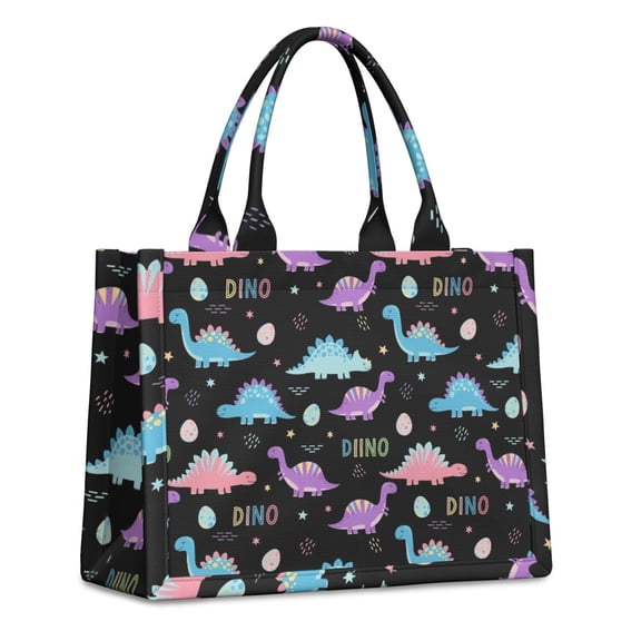 Large Capacity Tote Bag,Black Cartoon Dinosaurs Eggs Stars Pattern Handbag Fashion Luxury Tote Bag,15.7"x13"x 5.1" Inches,Laptop Compatible
