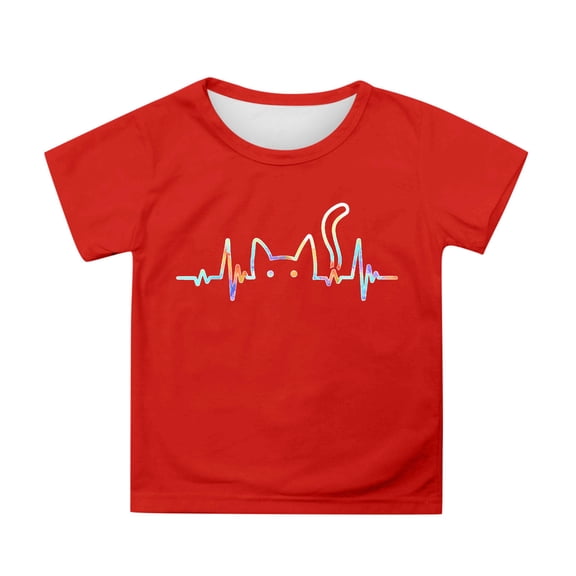 Gelikeya Toddler Kids Shirts for Girls Size 6-7 Heartbeat Cat Graphic Tee Causal Short Sleeve T Shirt Soft and Comfortable Summer Clothes Red 6-7 Years