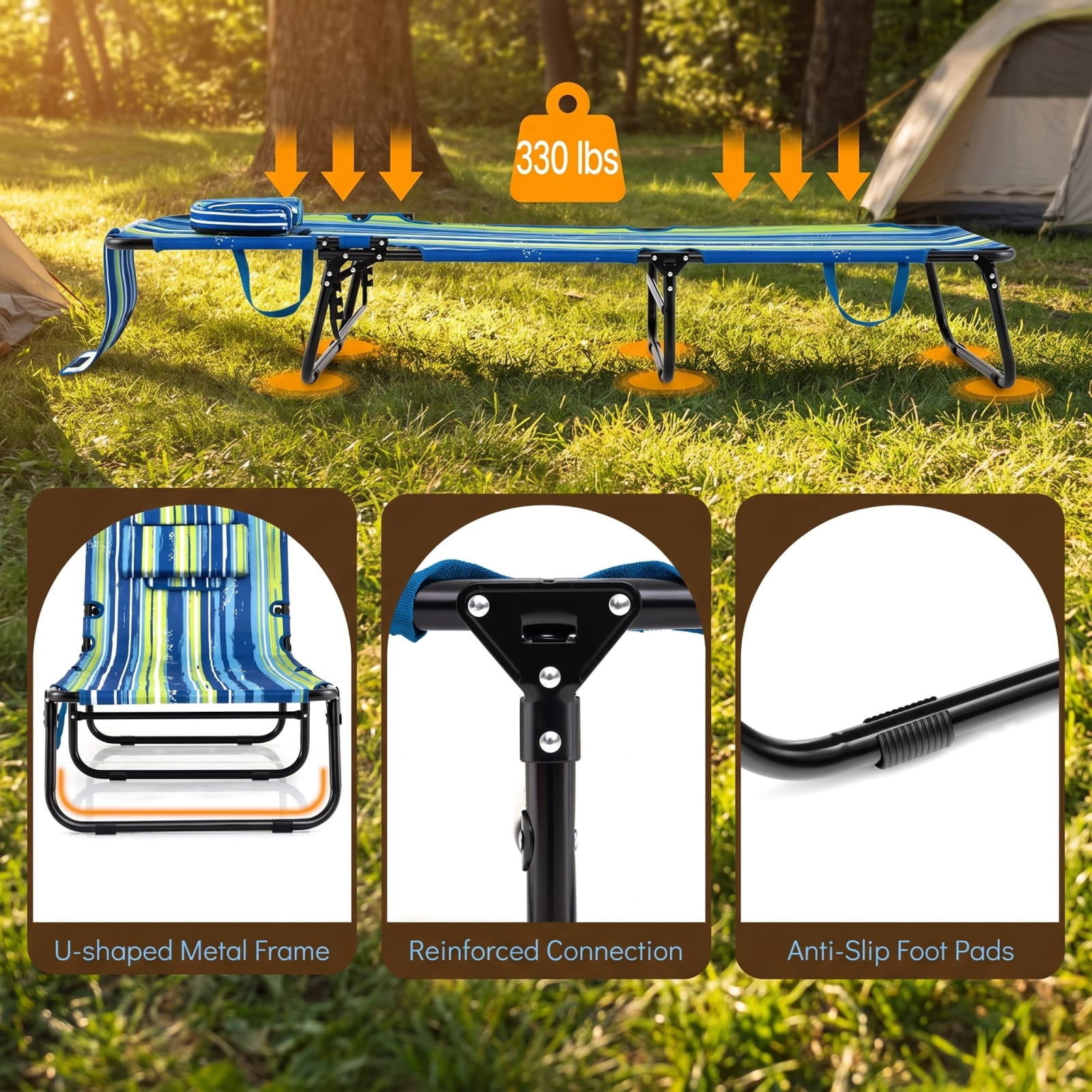 Furnibear Folding Patio Chair Solid Metal for Outdoor Garden Balcony Blue Stripe 330 lbs Capacity Weather-Resistant Outdoor Furniture
