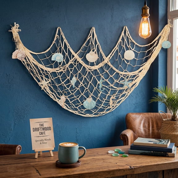 Austok 13Pcs Nautical Fishing Net Decor Set with 12 Sea Ornament Mediterranean Coastal Wall Decor for Home Beach Themed Party Bedroom Living Room Cafe 39.4"x59.1"