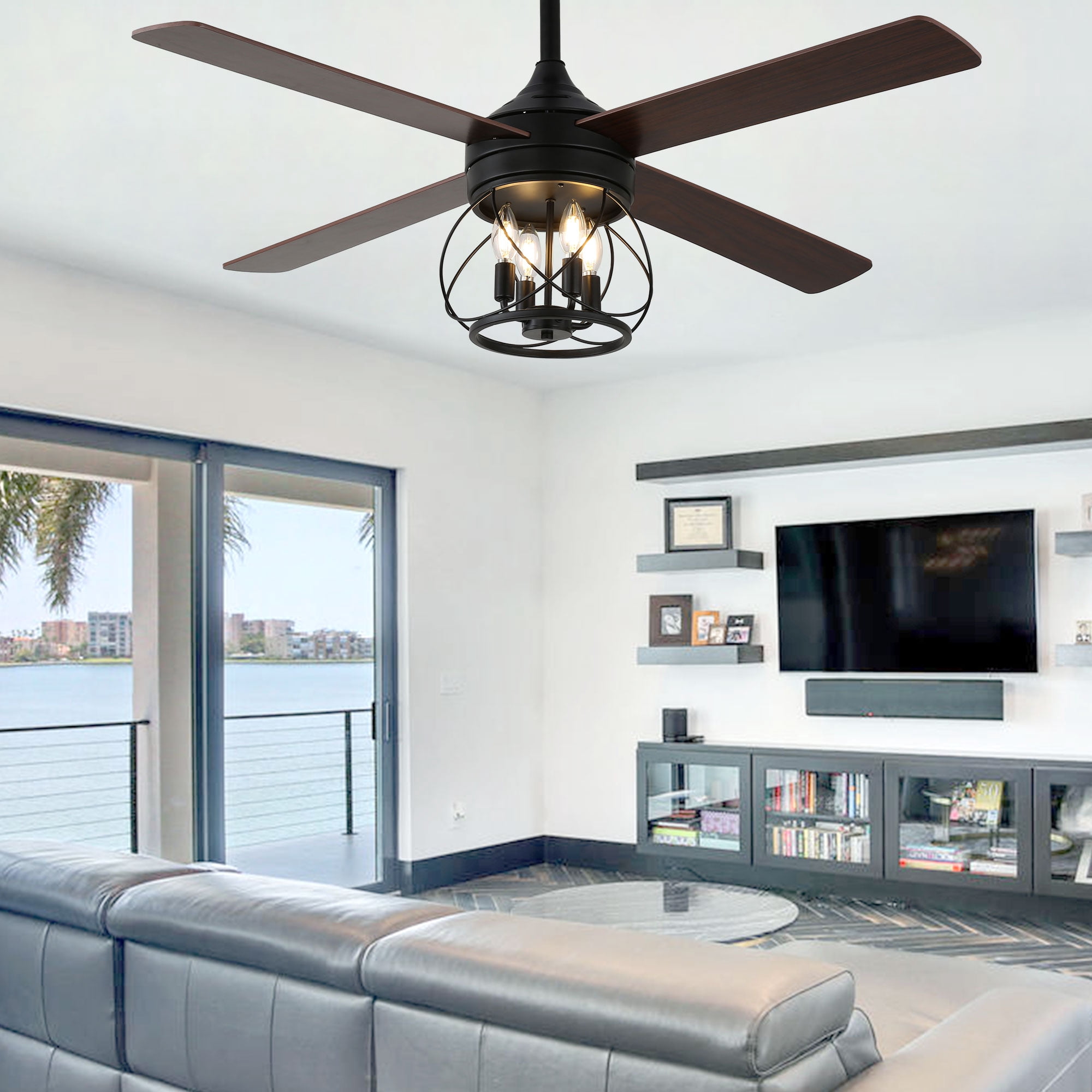 52" Farmhouse Ceiling Fan 4-Light Wood Lighting Reversible Blades with Light and Remote Control 6 Speed