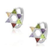 925 Sterling Silver Multicolor CZ Jewish Star of David Hoop Huggie Earrings