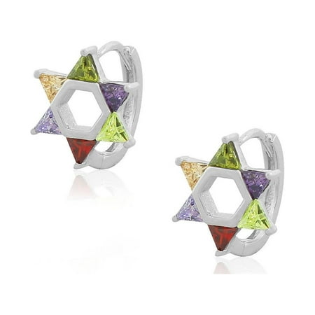 925 Sterling Silver Multicolor CZ Jewish Star of David Hoop Huggie Earrings