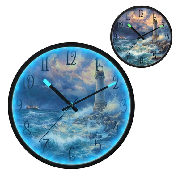 Voice Controlled Luminous Clock LED Night Light 12 Inch Silent Wall Clock Suitable for Bedroom and Living Room Home Decoration Lighthouse at Sea