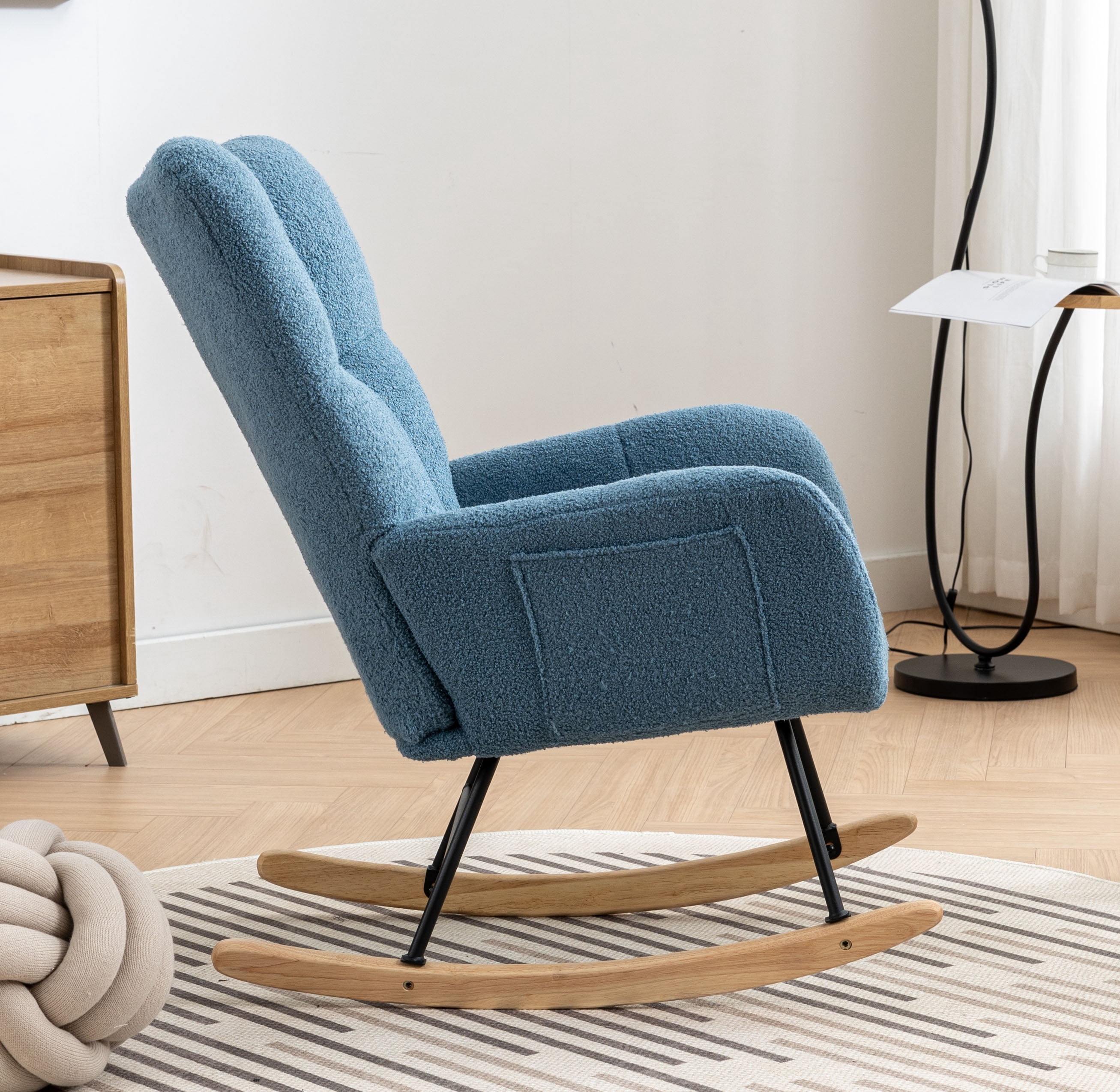 Rocking Chair Nursery,Modern Accent Rocking Chair with High Backrest,Teddy Fabric Upholstered Nursery Glider Rocker for Nursery,Living Room, Bedroom,Blue