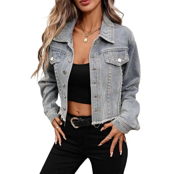 Women'S Studded Denim Jacket Casual Long Sleeve Western Distressed Rivet Cropped Jean Coat Blue S