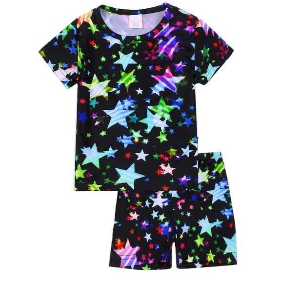 WIBACKER 2-Piece Summer Pajamas for Kids Girls Stars Short Sleeves Tee and Shorts Toddler Cool PJs Set Size 3-12Y