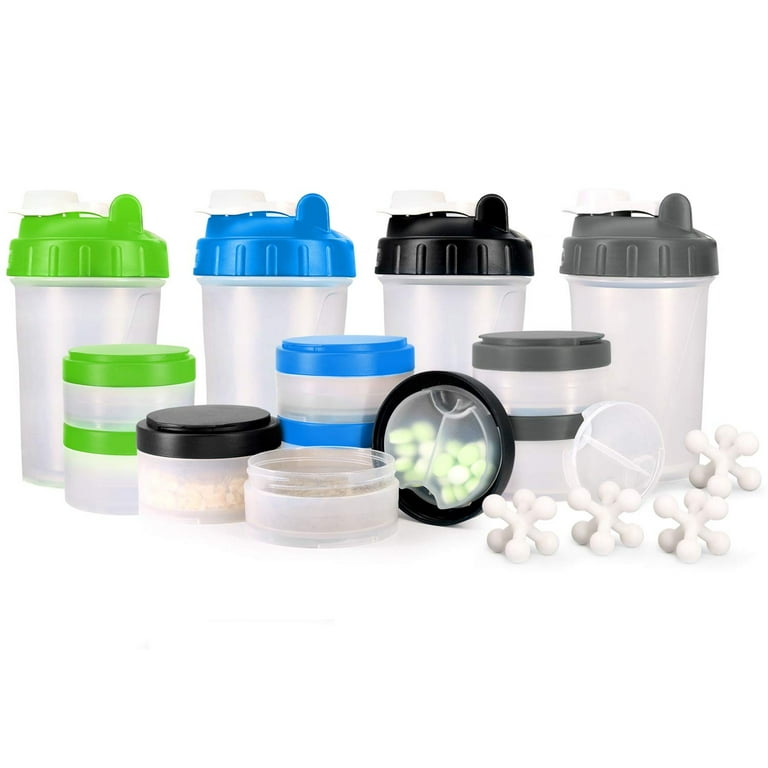 16 oz Protein Shaker Bottle with Mixer Ball and 2 Interlocking Storage Jars for Pills,Protein,Snacks, Coffee, Tea. 100% BPA Free,Non Toxic and Leak