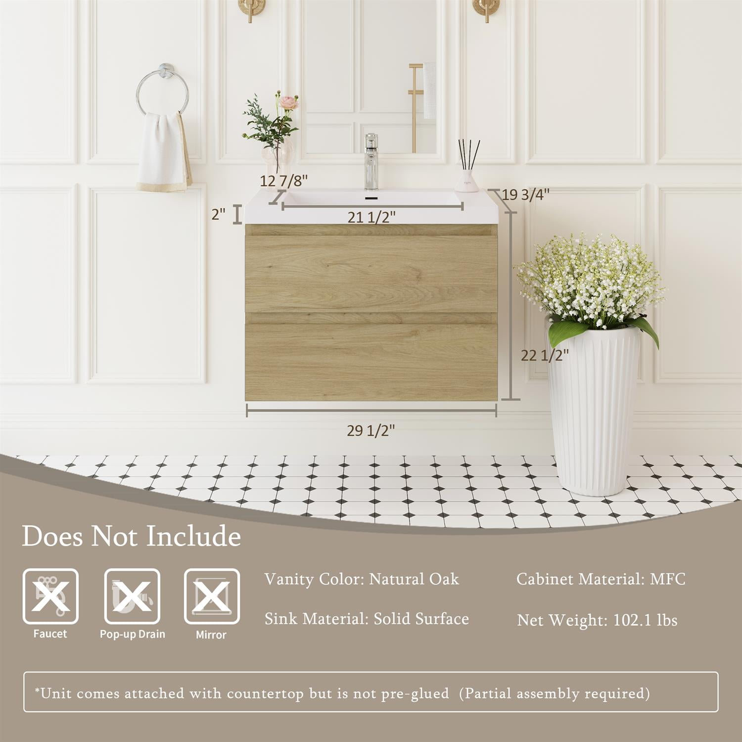 Demi Bonn 30" Floating Bathroom Vanity with Sink, Resin Top Basin and 2 Soft Close Drawers, Faucets and Drains Not Included, Brown