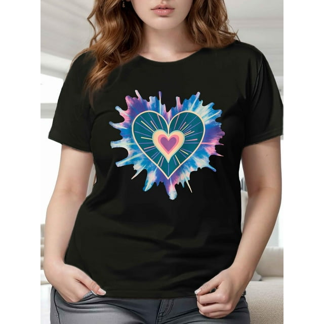 Plus Size Women's T-Shirt with Vibrant Tie-Dye Heart Graphic - Comfortable, Short Sleeve, Round Neck in Dark Color - Machine Washable, Plus Size Blouses Tee For Adult, Men, Women, Teen, Teenager, Ado