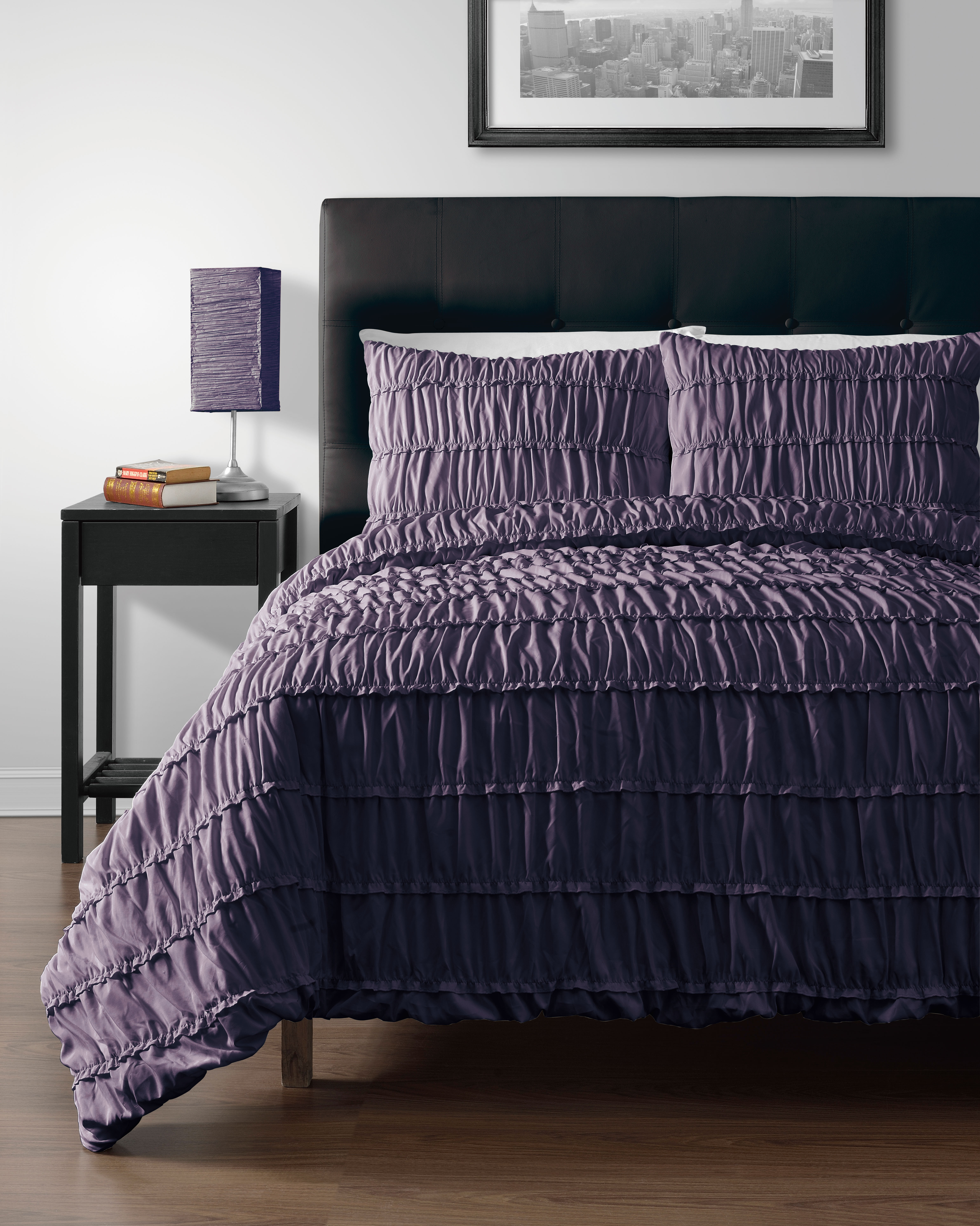 2pc Comforter Set Dark Purple Color Ruched Collection By Cozy