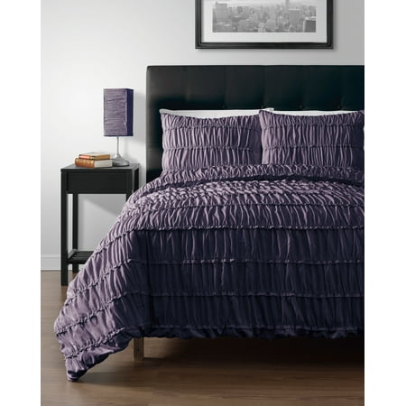 3pc Comforter Set Dark Purple Color Ruched Collection By Cozy