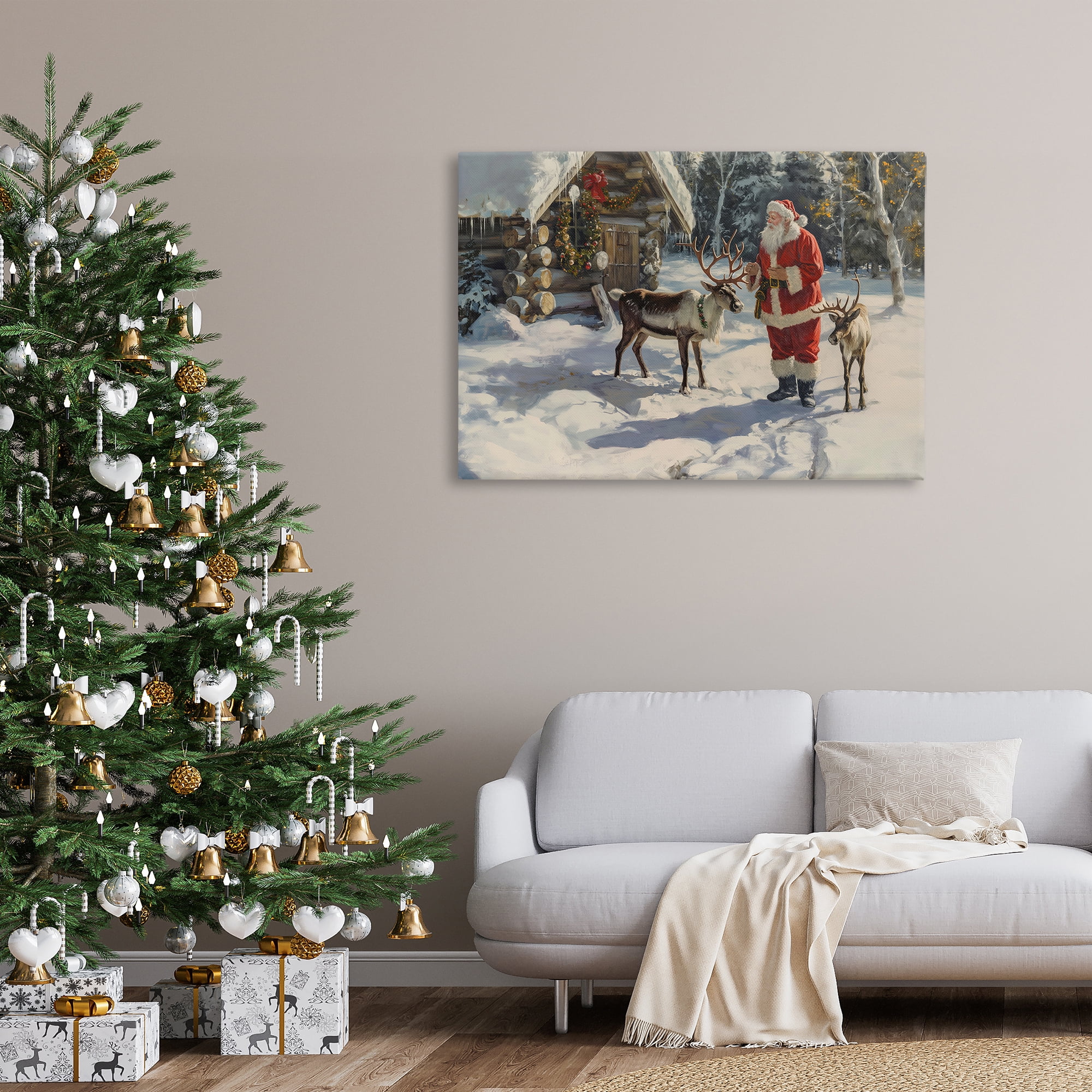 Stupell Industries Santa & Reindeer Scene Holiday Painting Gallery Wrapped Canvas Art Prints Wall Art, 45 x 30