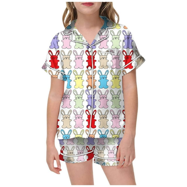 Toimothcn Ensembles de Pyjama pour Bébés Filles Manches Courtes Joyeuses Pâques Lapin Carotte Imprimé Pyjamas Shorts Extensibles 2 Pcs Ensemble de Pjs Doux Léger Vêtements de Maison