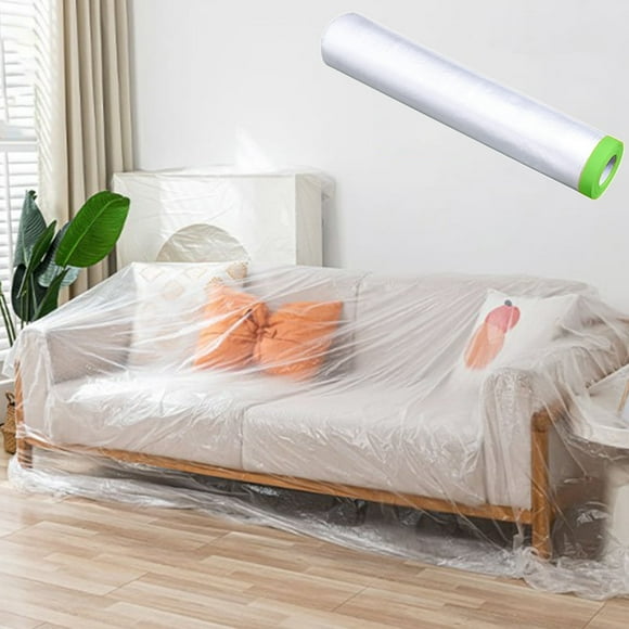 65 Feet Plastic Drop Cloth Plastic Sheeting with Masking Tape,Waterproof Protective Masking Film,Prevent Dust Paint for Car,Furniture,Carpet,Floor,1 Pack
