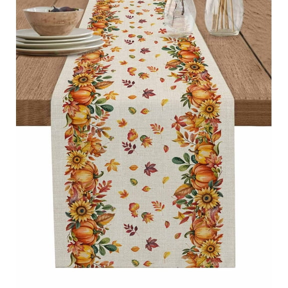 Orange Yellow Pumpkins Burlap Cotton Table Runner 13x72 Inches Long, Autumn Leaves Rustic Vintage Farmhouse Table Runners, Outdoor Dining Tablecloths Decor for Baby Shower/Party/Wedding