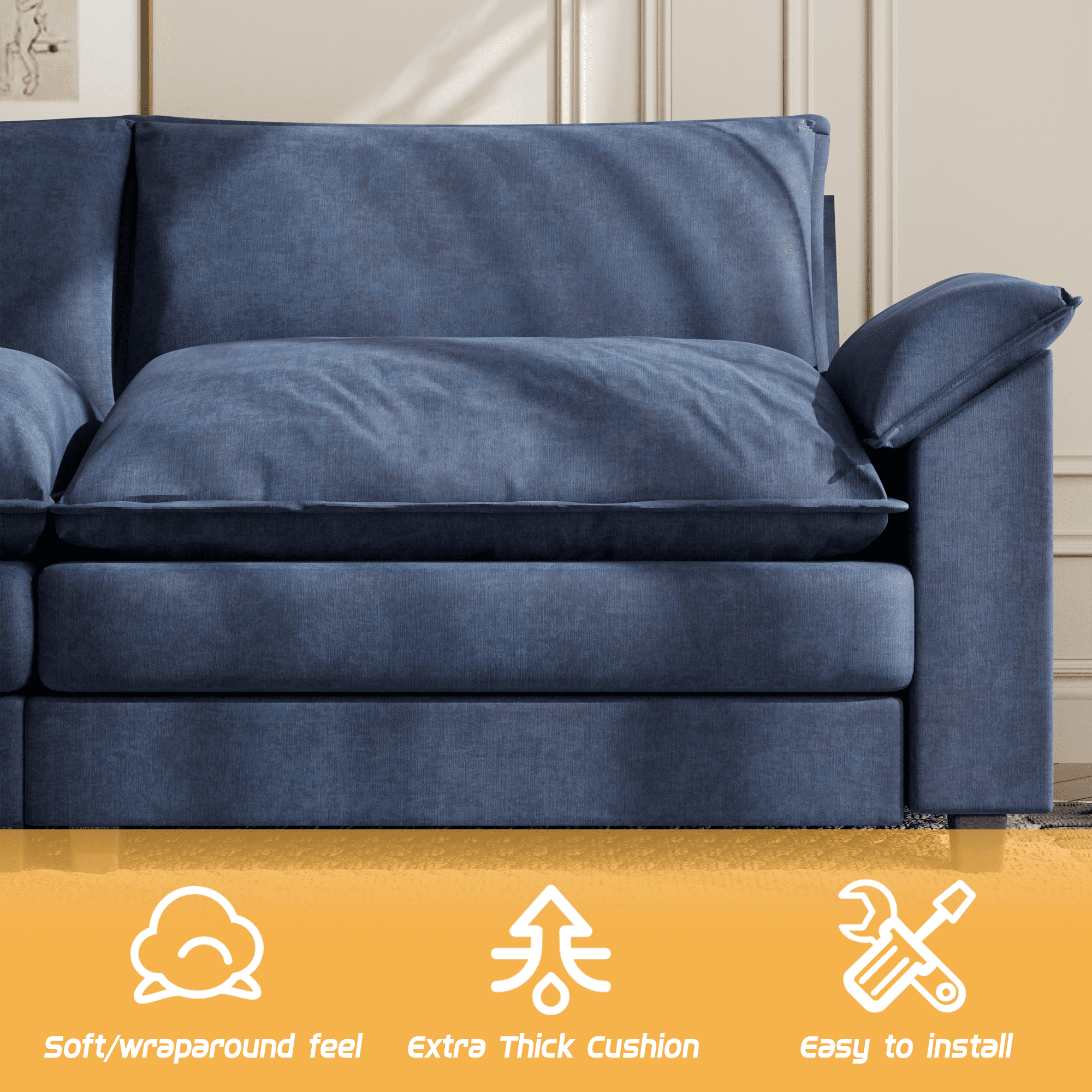 Homall Sectional Sofa 3-seat L-shaped Sofa with reversible toffee chair Movable Footrest Sofa,Blue