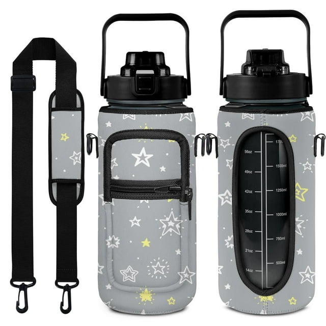 Cute Star 64 Oz Water Bottle with Sleeve - BPA Free Leakproof Sport Large Plastic Water Bottle with Straw & Time Marker & Insulated Neoprene Holder Carrier Bag Great Gift for Women Men