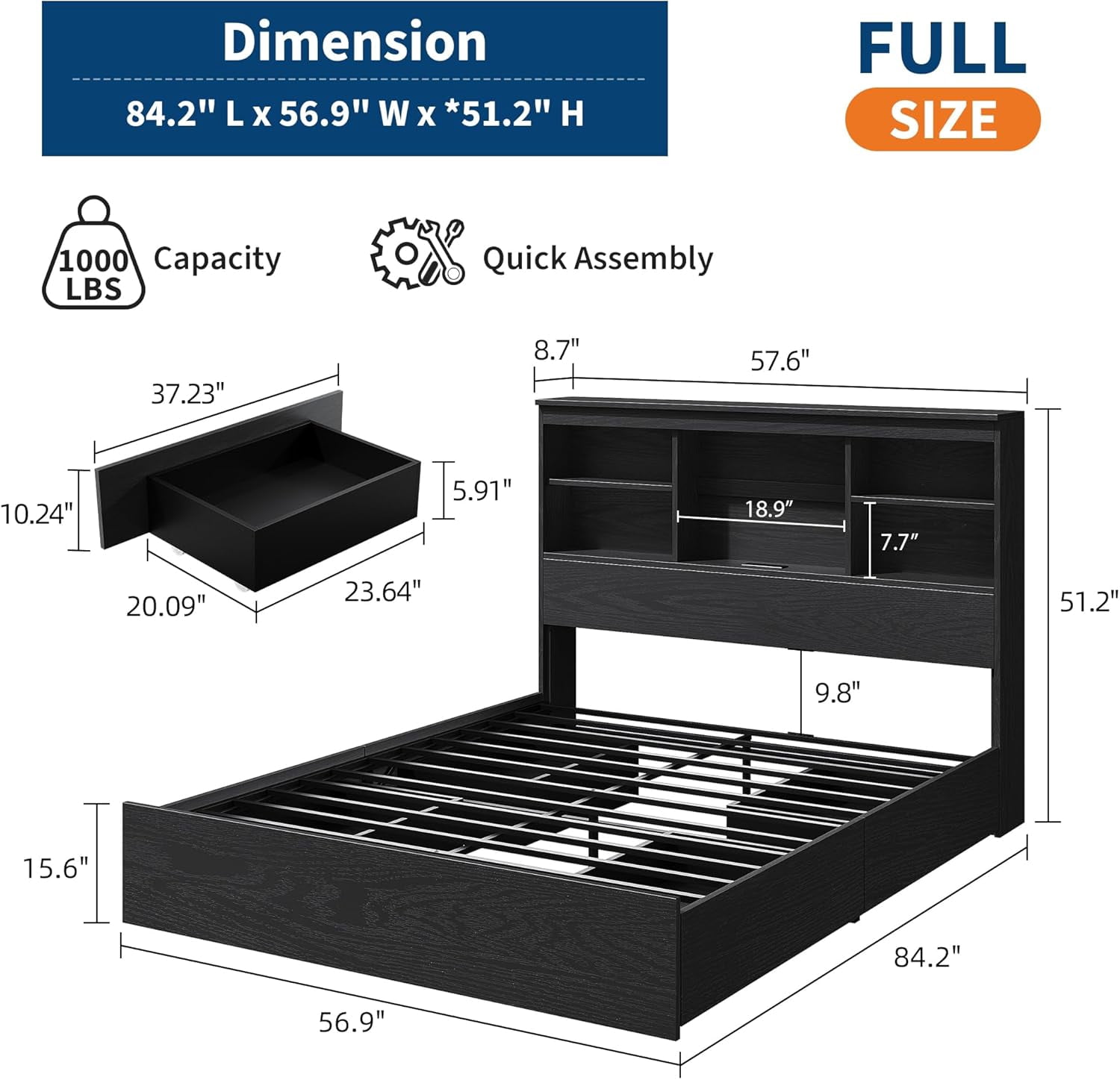Full Size Bed Frame with High Storage Bookcase Headboard, Wood Bed Frame with 4 Storage Drawers, Built in Charging Station, No Box Spring Needed, Metal Frame, Noise-Free, Vintage Black