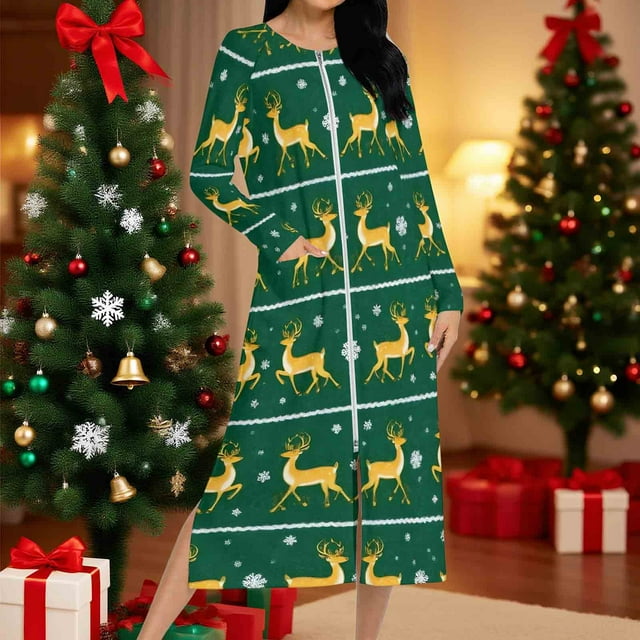 Batas para mujer, camisón con estampado navideño y camisón de invierno con cremallera y bolsillos, pijama holgado para mujer