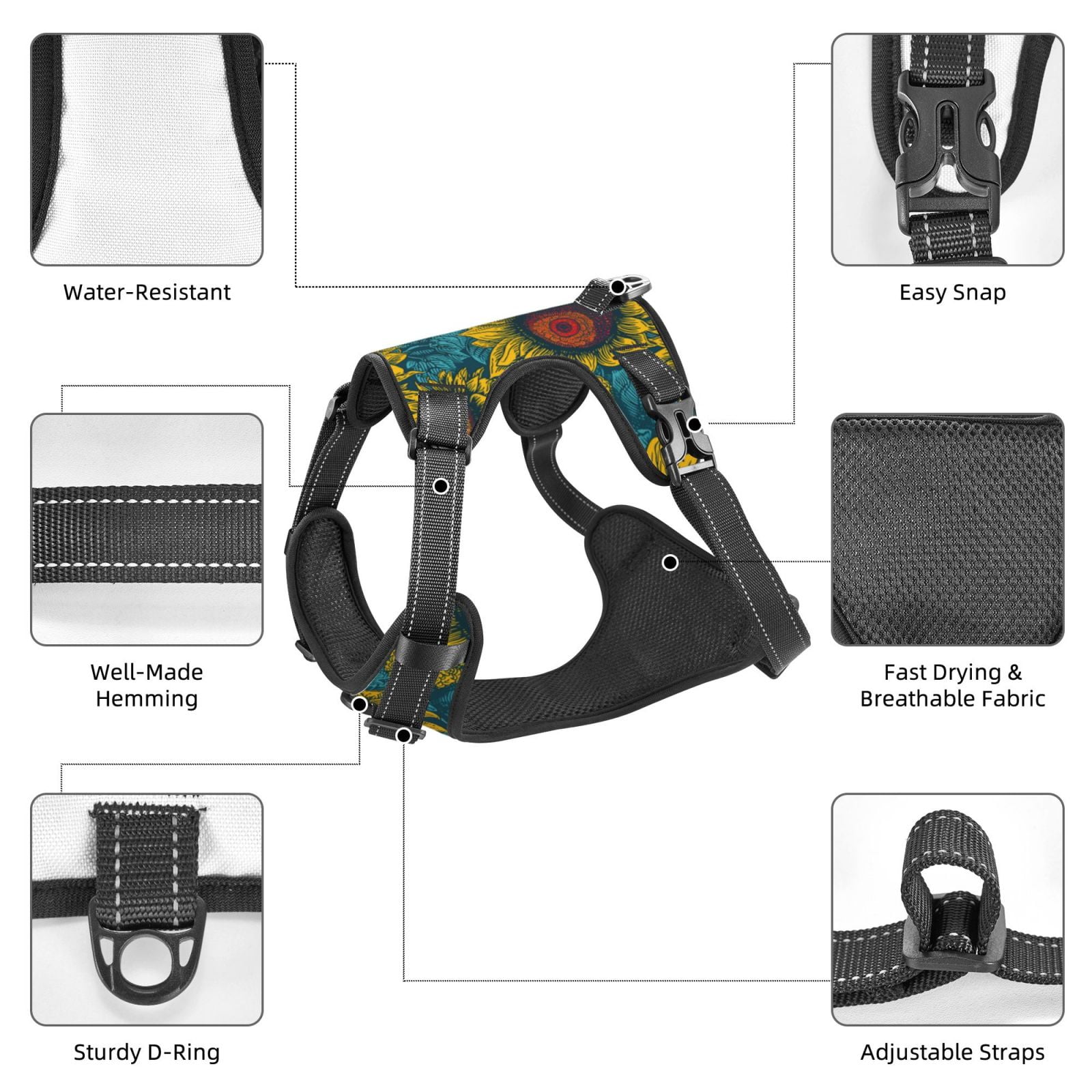 Kdxio Sunflowers Print No Pull Dog Harness Adjustable Reflective Oxford Easy Control Medium Large Dog Harness for Training and Everyday-Small