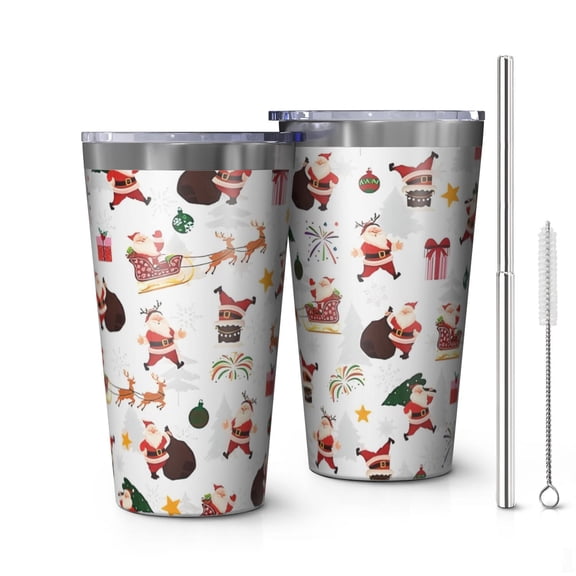 16oz Tumblers White Christmas Santa Pattern Stainless Steel Vacuum Insulated Double Wall Travel Tumbler Cups Mug with Lid and Straw,Cleaning Brush for Coffee,Tea