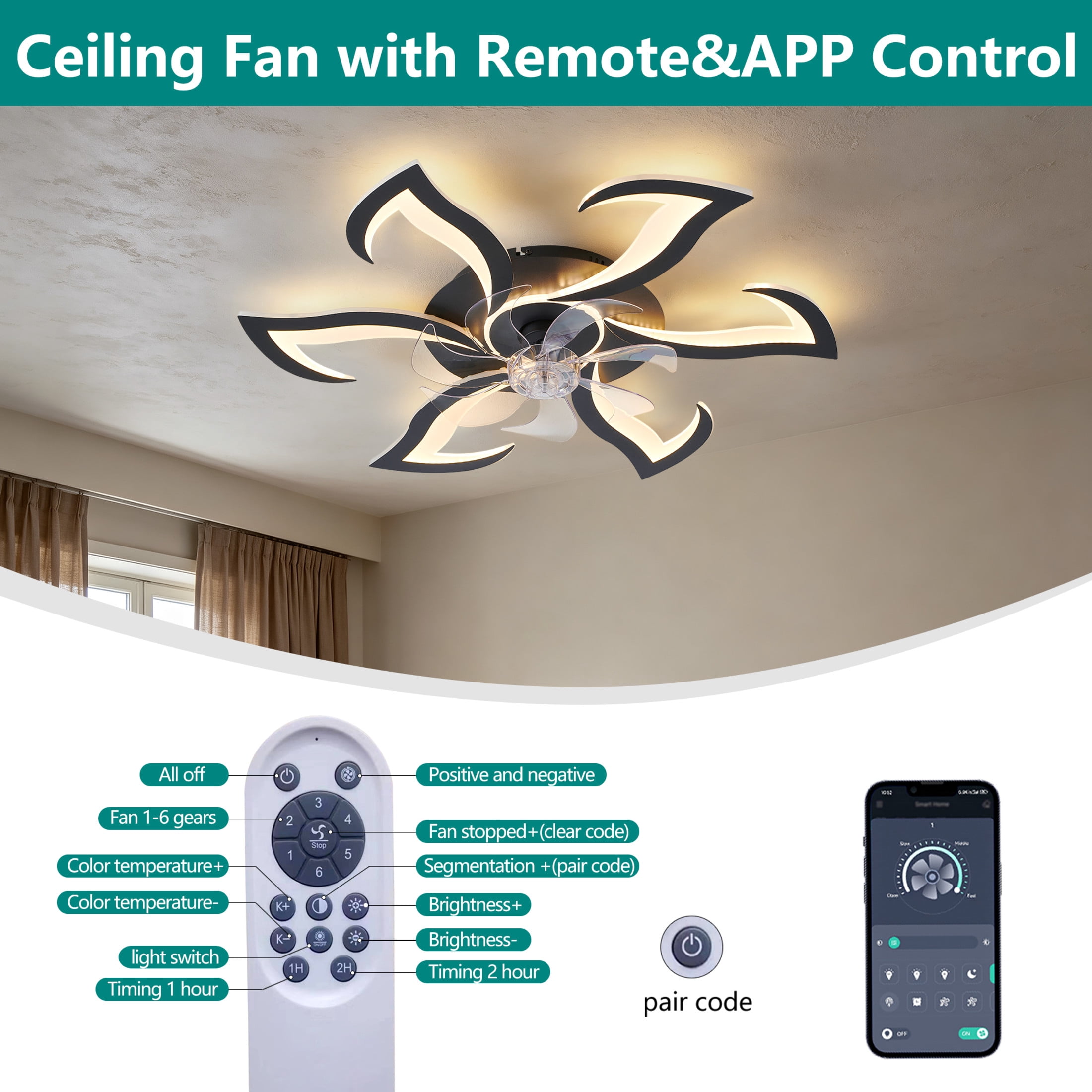 GDF Studio 6-Head Flower Modern Ceiling Fan with LED Lights & Remote Control, Low Profile Flush Mount Fandelier, Black