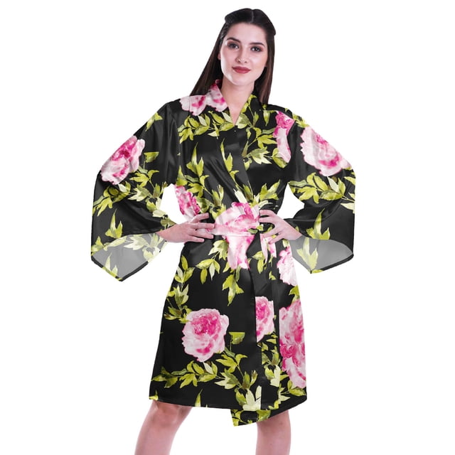 Moomaya Printed Womens Kimono Sleeve Robes Satin Silk Getting Ready Bridal Robe Coverup