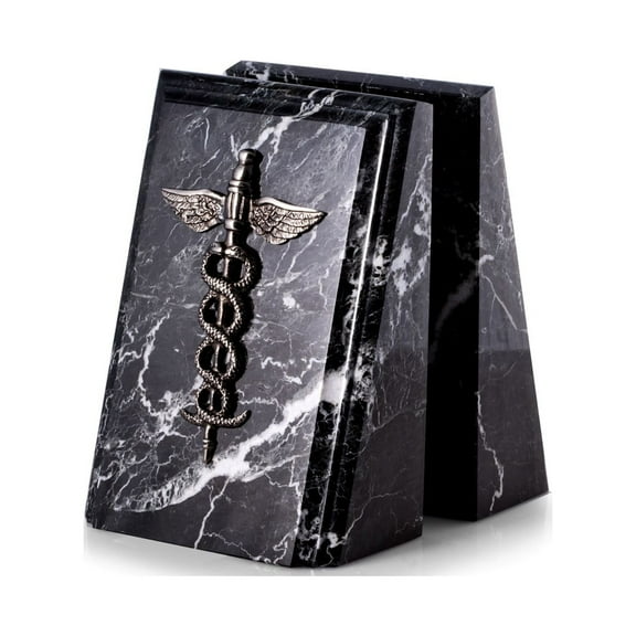 Beveled Black "Zebra" Marble Bookends with Antique Silver Plated "Medical" Emblem.