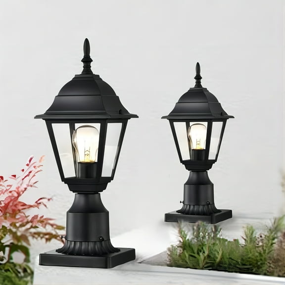 Outdoor Post Lights 2-Pack, Waterproof Pier Mount Lantern with 5.9'' Base, Matte Black Aluminum and Clear Glass Exterior Pillar Light Fixture for Porch, Patio, Driveway