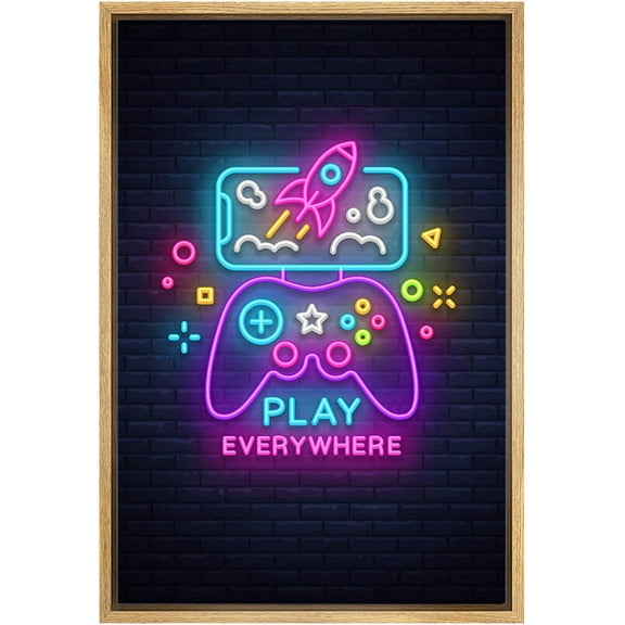 IDEA4WALL Framed Canvas Art Wall Decor Classic Video Game Handheld Controller Neon Sign Play Everywhere Pop Culture Media Digital Art Pop Art Comic for Dorm Home Office - 16"x24"