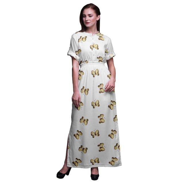 Bimba Robe Longue Imprimée en Rayonne avec Papillons, Taille Smockée, Fente Latérale, Robe pour Femme - Petit
